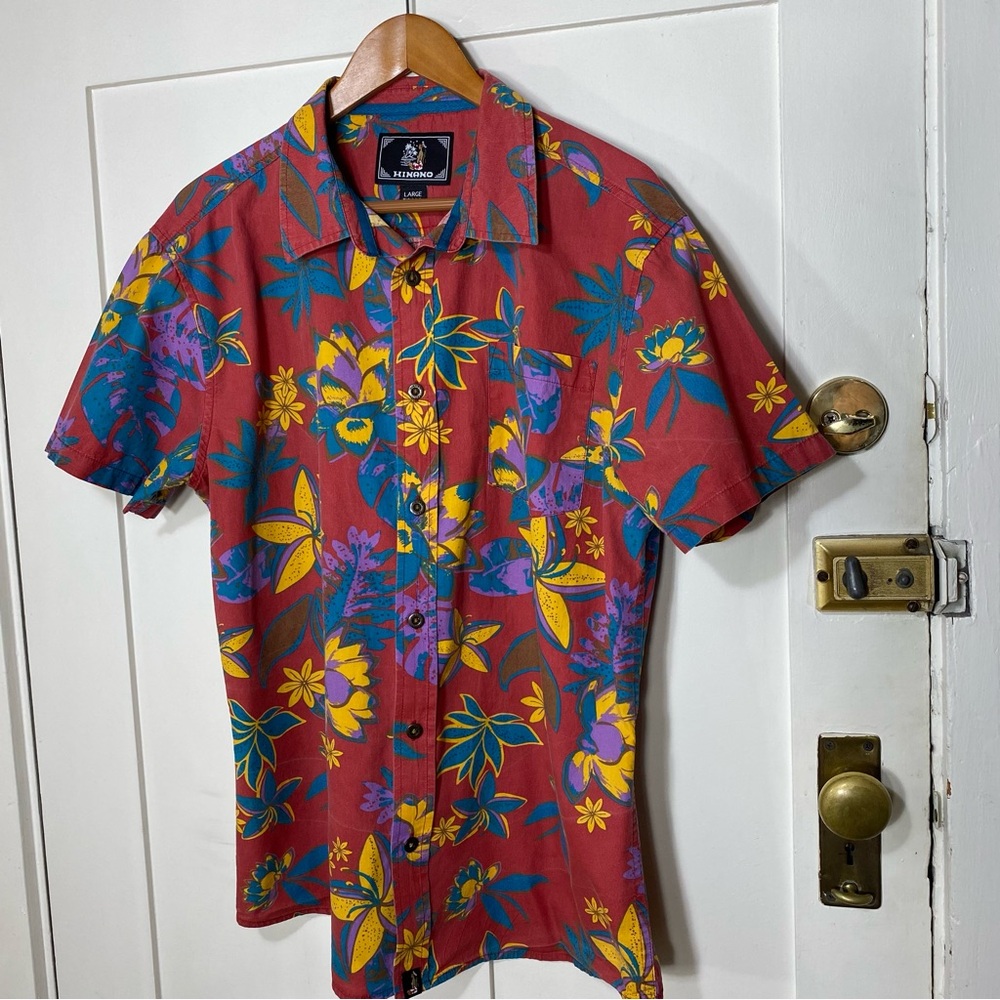 Vintage Hinano Tahiti Floral Tropical Hawaiian Print Short Sleeve Button Down L